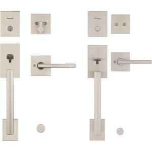 imageKwikset San Clemente Front Door Lock Handle and Deadbolt Set Entry Handleset Exterior with Interior Reversible Lever Matte Black Pick Resistant SmartKey Rekey Deadbolt SecuritySatin Nickel