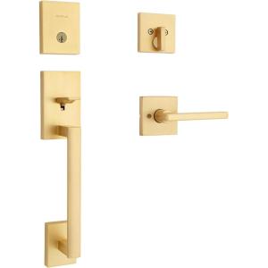imageKwikset San Clemente Front Door Lock Handle and Deadbolt Set Entry Handleset Exterior with Interior Reversible Lever Matte Black Pick Resistant SmartKey Rekey Deadbolt SecuritySatin Brass