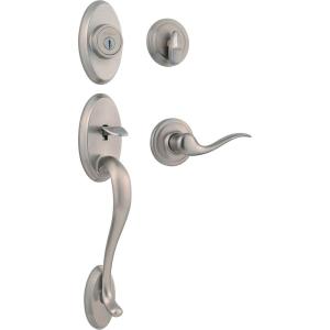 imageKwikset Shelburne Front Door Lock Handle and Deadbolt Set Entry Handleset Exterior with Interior Reversible Lever Satin Nickel Pick Resistant SmartKey Rekey Deadbolt Security