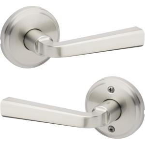 imageKwikset Trafford Interior Passage Door Handle Lever for Closet and Hallway Doors Reversible NonLocking Handle Lever Matte Black with Microban ProtectionSatin Nickel