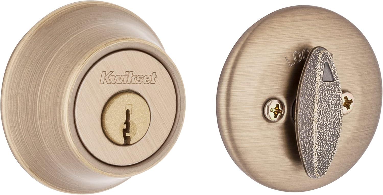 imageKwikset 660 Deadbolt Deadbolt Lock Antique Brass Round Exterior Keyed Front Entry Door Pick Resistant SmartKey Rekey Security Single Cylinder Dead Bolt with Microban ProtectionAntique Brass