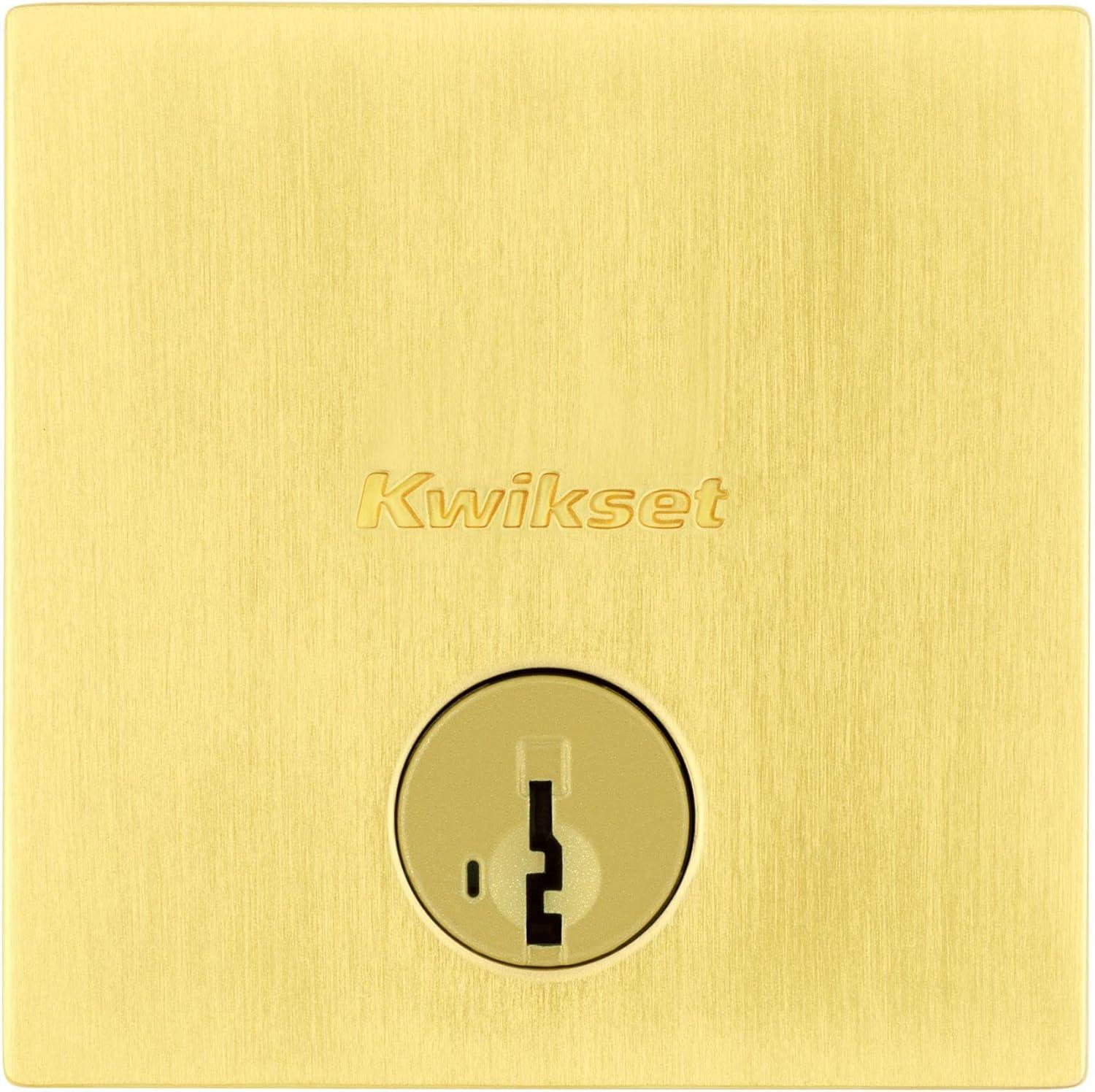 imageKwikset Downtown Deadbolt Lock Satin Brass Square Exterior Keyed Front Entry Door Pick Resistant SmartKey Rekey Security Single Cylinder Dead Bolt with Microban Protection