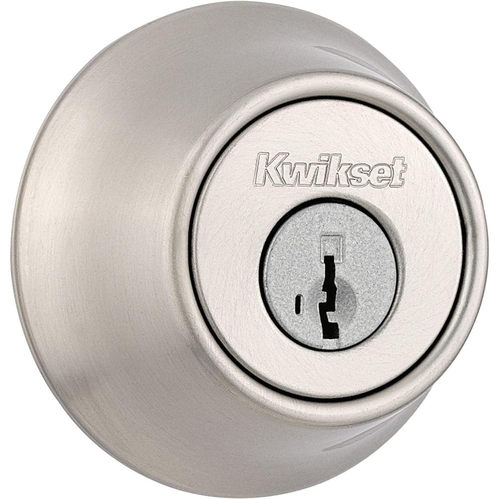imageKwikset 660 Deadbolt Deadbolt Lock Antique Brass Round Exterior Keyed Front Entry Door Pick Resistant SmartKey Rekey Security Single Cylinder Dead Bolt with Microban ProtectionSatin Nickel