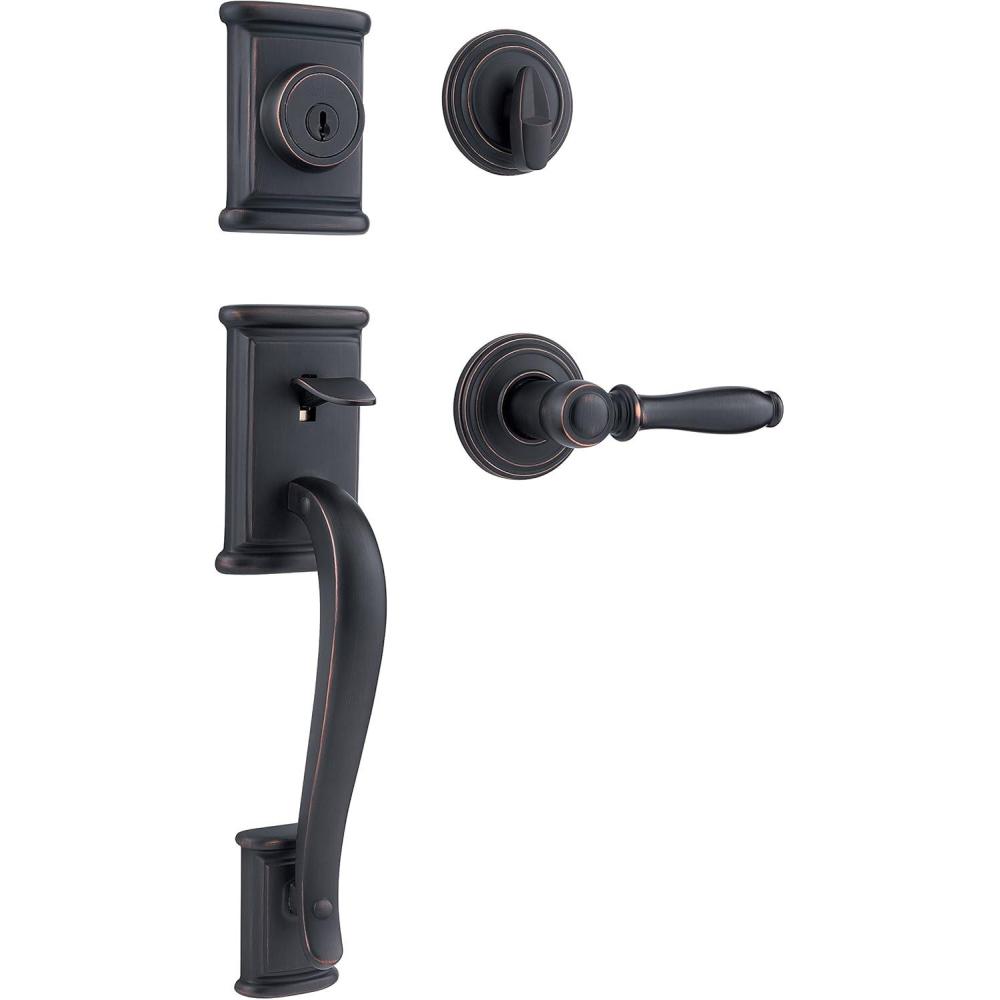 imageKwikset Ashfield Front Door Lock Handle and Deadbolt Set Entry Handleset Exterior with Interior Reversible Lever Venetian Bronze Pick Resistant SmartKey Rekey Deadbolt Security