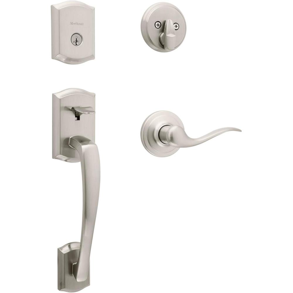 imageKwikset Prescott Front Door Lock Handle and Deadbolt Set Entry Handleset Exterior with Interior Reversible Lever Venetian Bronze Pick Resistant SmartKey Rekey Deadbolt SecuritySatin Nickel