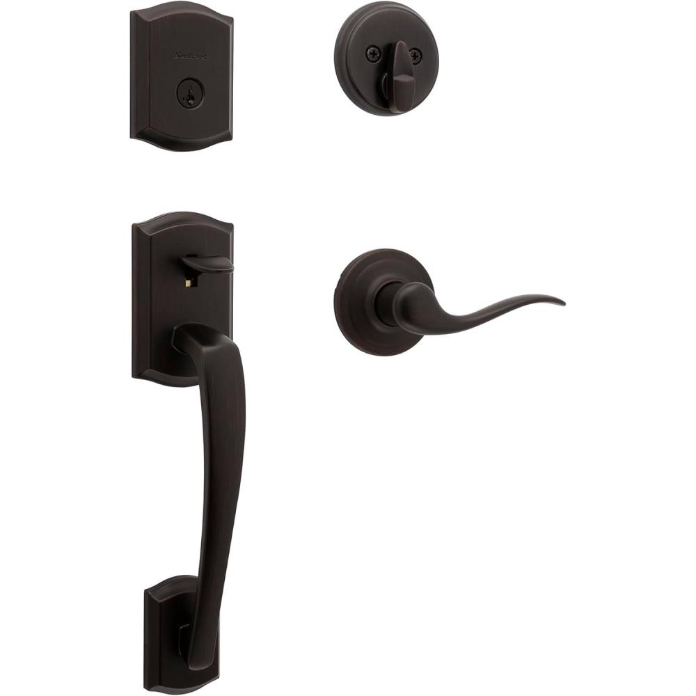 imageKwikset Prescott Front Door Lock Handle and Deadbolt Set Entry Handleset Exterior with Interior Reversible Lever Venetian Bronze Pick Resistant SmartKey Rekey Deadbolt SecurityVenetian Bronze