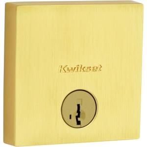 imageKwikset Downtown Deadbolt Lock Satin Brass Square Exterior Keyed Front Entry Door Pick Resistant SmartKey Rekey Security Single Cylinder Dead Bolt with Microban Protection