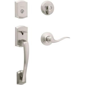 imageKwikset Prescott Front Door Lock Handle and Deadbolt Set Entry Handleset Exterior with Interior Reversible Lever Venetian Bronze Pick Resistant SmartKey Rekey Deadbolt SecuritySatin Nickel