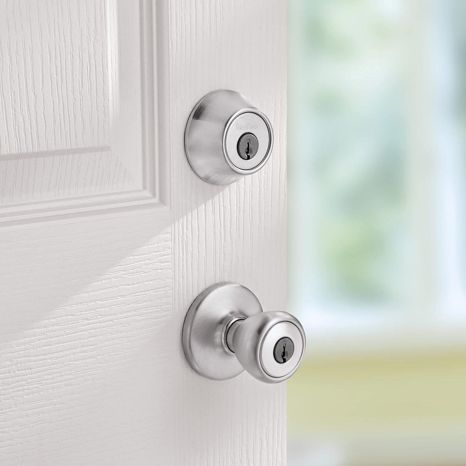 imageKwikset 690 Tylo Entry Knob and Single Cylinder Deadbolt Combo 1Pack Satin ChromeSatin Chrome