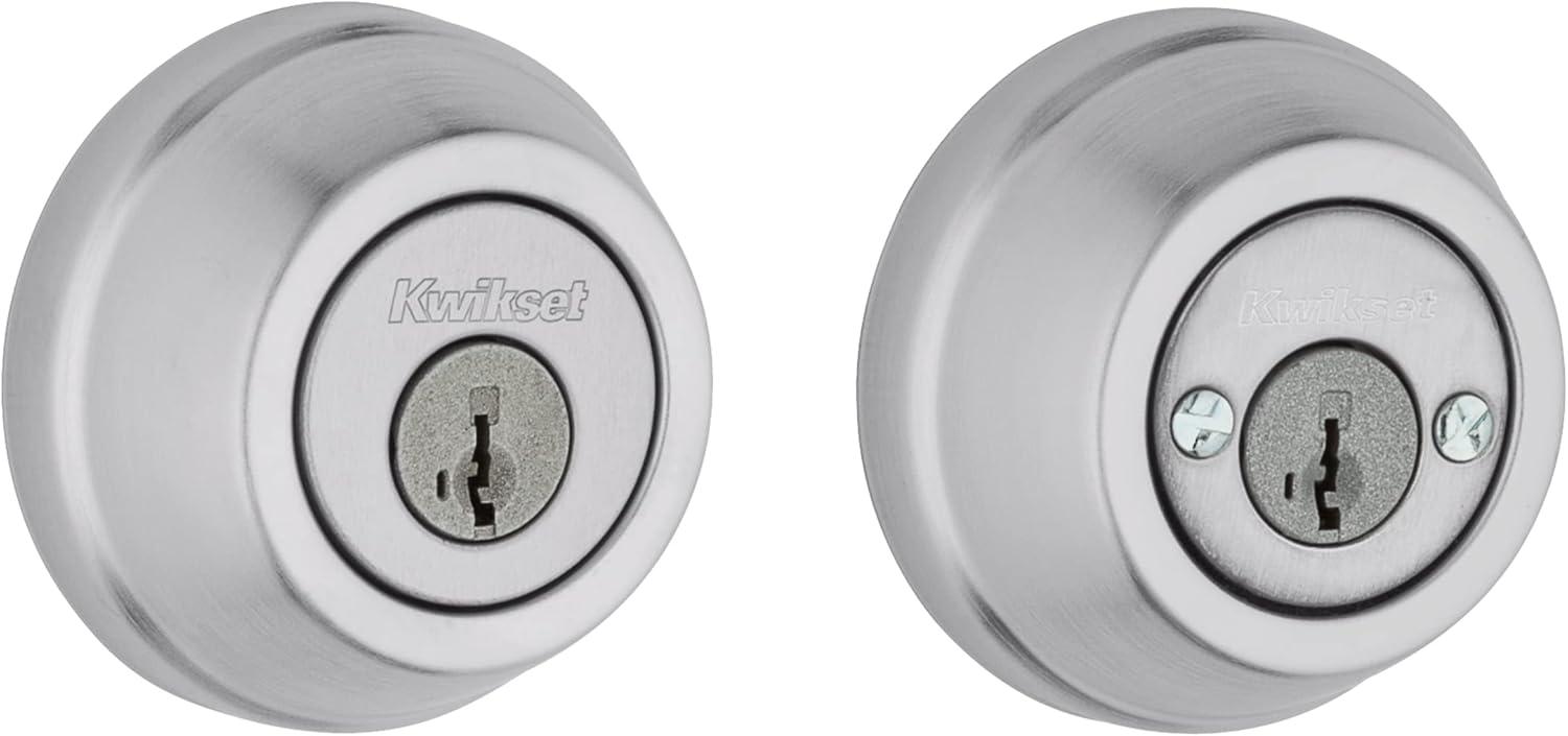 imageKwikset Gatelatch Deadbolt Lock Satin Chrome Round Keyed on Exterior and Interior Front Entry Door Pick Resistant SmartKey Rekey Security Double Cylinder Dead Bolt