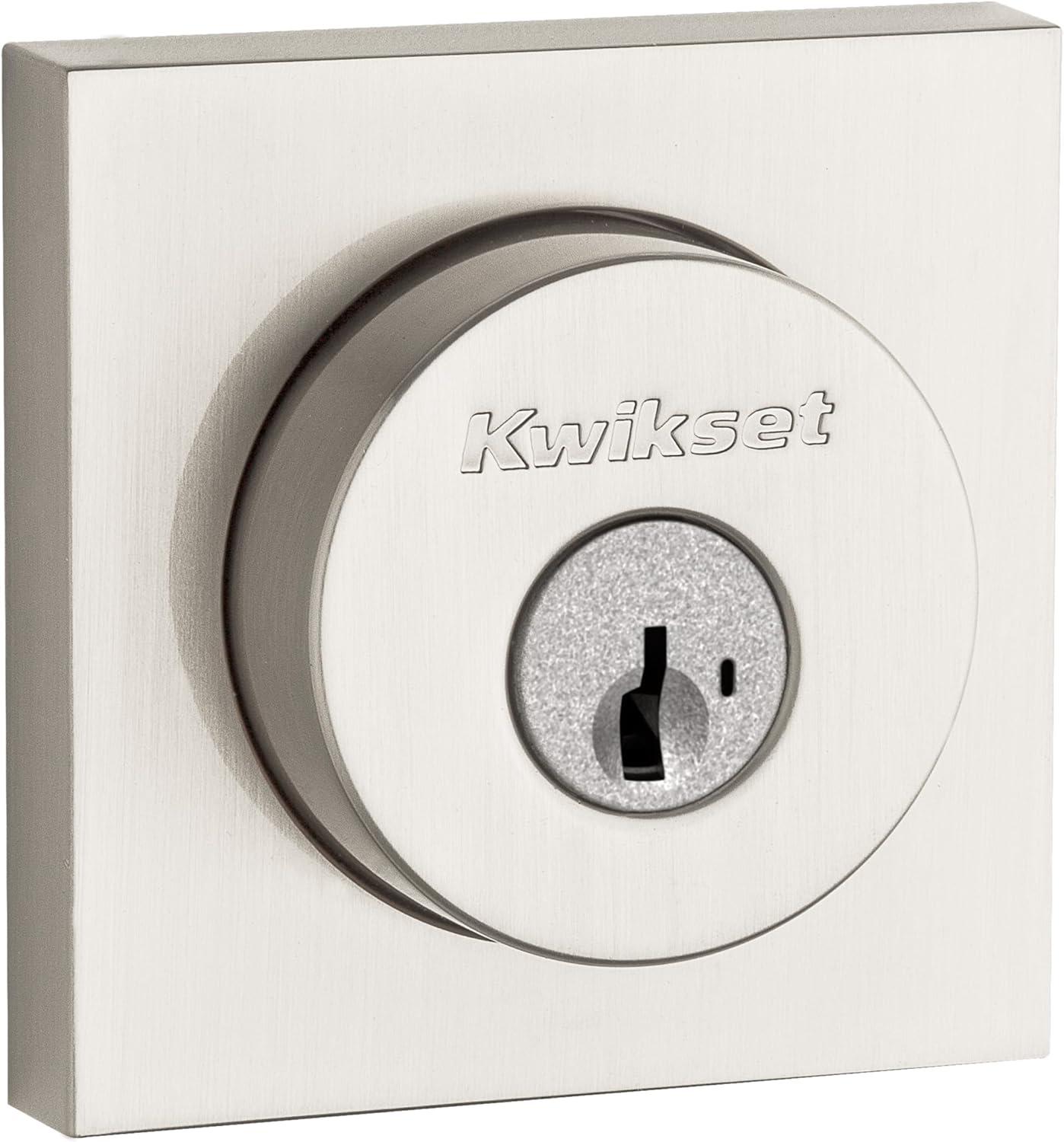 imageKwikset Halifax Deadbolt Lock Satin Nickel Square Exterior Keyed Front Entry Door Pick Resistant SmartKey Rekey Security Single Cylinder Dead Bolt with Microban Protection