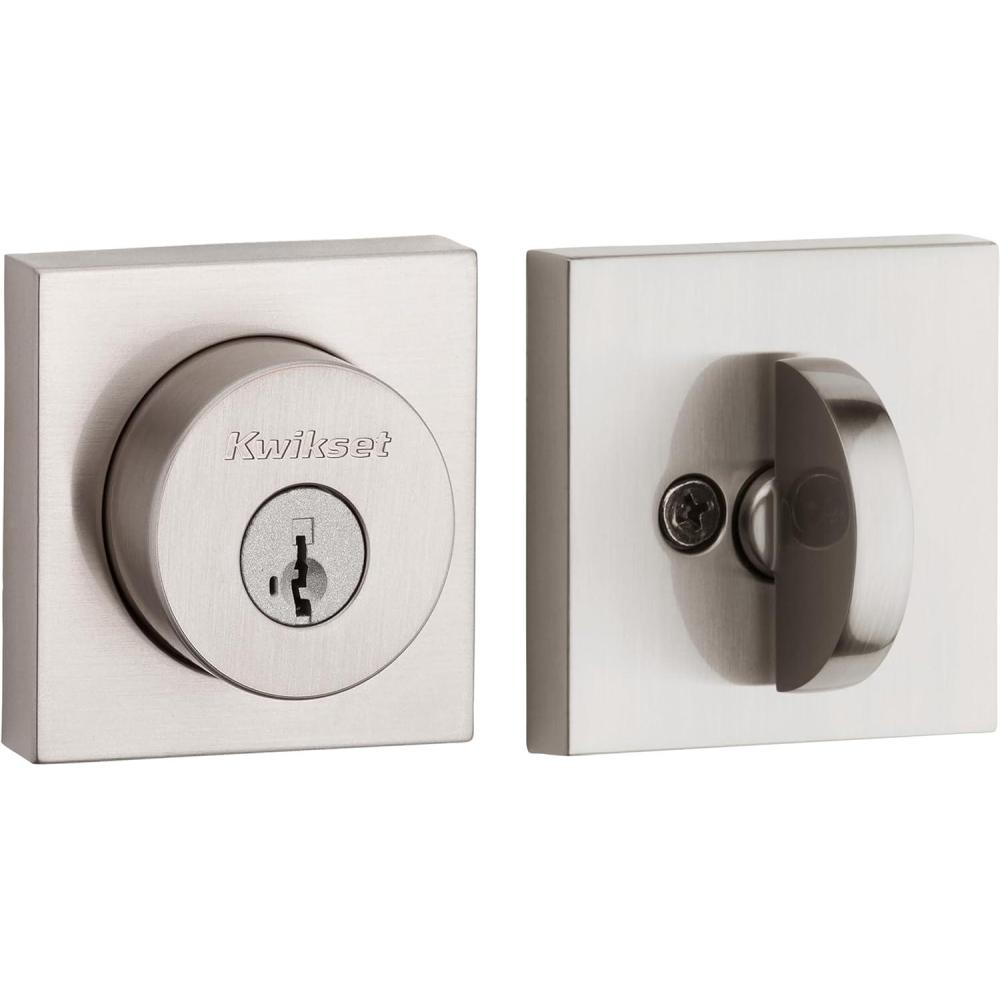 imageKwikset Halifax Deadbolt Lock Satin Nickel Square Exterior Keyed Front Entry Door Pick Resistant SmartKey Rekey Security Single Cylinder Dead Bolt with Microban Protection