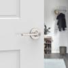 imageKwikset Casey Entry Door Handle with Lock and Key Secure Keyed Reversible Lever Exterior for Front Entrance and Bedrooms Satin Nickel 4 Pack Pick Resistant SmartKey Rekey Security and MicrobanSatin Nickel