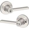 imageKwikset Casey Entry Door Handle with Lock and Key Secure Keyed Reversible Lever Exterior for Front Entrance and Bedrooms Satin Nickel 4 Pack Pick Resistant SmartKey Rekey Security and MicrobanSatin Nickel