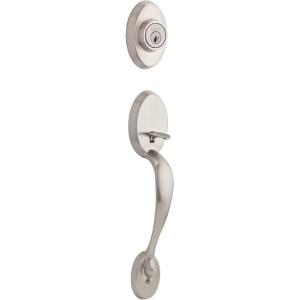 imageKwikset Chelsea Front Door Lock Handle and Deadbolt Set Entry Handleset Exterior with Interior Door Knob Satin Nickel Pick Resistant SmartKey Rekey Deadbolt SecuritySatin Nickel