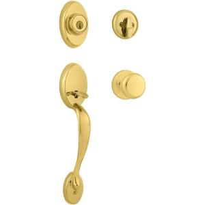 imageKwikset Chelsea Front Door Lock Handle and Deadbolt Set Entry Handleset Exterior with Interior Door Knob Satin Nickel Pick Resistant SmartKey Rekey Deadbolt SecurityPolished Brass