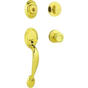 imageKwikset Dakota Front Door Lock Handle and Deadbolt Set Entry Handleset Exterior with Interior Door Knob Polished Brass Pick Resistant SmartKey Rekey Deadbolt Security
