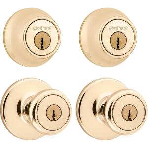 imageKwikset 242 Tylo Entry Knob and Single Cylinder Deadbolt Project Pack in Satin ChromePolished Brass