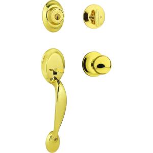 imageKwikset Dakota Front Door Lock Handle and Deadbolt Set Entry Handleset Exterior with Interior Door Knob Satin Nickel Pick Resistant SmartKey Rekey Deadbolt SecurityPolished Brass