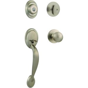 imageKwikset Dakota Front Door Lock Handle and Deadbolt Set Entry Handleset Exterior with Interior Door Knob Satin Nickel Pick Resistant SmartKey Rekey Deadbolt SecuritySatin Nickel