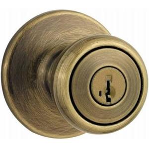 imageKwikset Tylo Entry Door Knob with Lock and Key Secure Keyed Handle Exterior Front Entrance and Bedroom Antique Brass Pick Resistant SmartKey Rekey Security and MicrobanAntique Brass