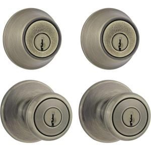 imageKwikset 242 Tylo Entry Knob and Single Cylinder Deadbolt Project Pack in Antique Brass
