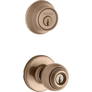 imageKwikset 690 Polo Entry Knob and Single Cylinder Deadbolt Combo Pack in Polished BrassAntique Brass