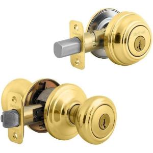 imageKwikset 991 Cameron Entry Knob and Single Cylinder Deadbolt Combo Pack featuring SmartKey in Satin Nickel Polished BrassPolished Brass