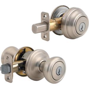 imageKwikset 991 Cameron Entry Knob and Single Cylinder Deadbolt Combo Pack featuring SmartKey in Satin Nickel Polished BrassSatin Nickel
