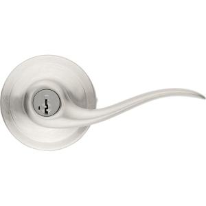 imageKwikset Tustin Entry Door Handle with Lock and Key Secure Keyed Reversible Lever Exterior For Front Entrance and Bedrooms Satin Nickel Pick Resistant Smartkey Rekey Security and Microban