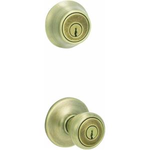 imageKwikset 96900254 Antique Brass Entry Knob ampamp Single Cylinder Deadbolt Pack