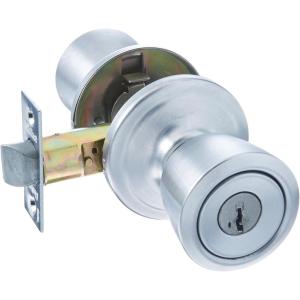 imageKwikset Abbey Entry Door Knob with Lock and Key Secure Keyed Handle Exterior Doorknob Front Entrance and Bedroom Satin Chrome Pick Resistant SmartKey Rekey Security