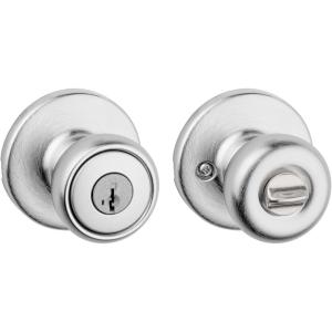 imageKwikset Tylo Entry Door Knob with Lock and Key Secure Keyed Handle Exterior Doorknob Front Entrance and Bedroom Satin Chrome Pick Resistant SmartKey Rekey Security