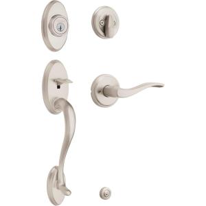 imageKwikset Shelburne Front Door Lock Handle and Single Cylinder Deadbolt Set Entry Handleset with Sedona Interior Reversible Lever Secure Locking Deadbolt Satin Nickel with Microban Protection
