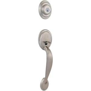 imageKwikset Dakota Front Door Lock Handle and Deadbolt Set Entry Handleset Exterior Only Satin Nickel Pick Resistant SmartKey Rekey Deadbolt Security Interior Sold Separately