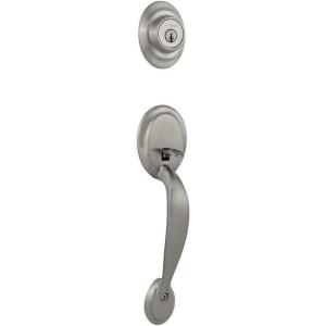 imageKwikset Dakota Front Door Lock Handle and Deadbolt Set Entry Handleset Exterior Only Secure Locking Deadbolt Satin Nickel Interior Sold Separately
