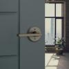 imageKwikset 730HFLRDT15 Halifax Lever with Round Rose Privacy Door Lock with 6AL Latch and RCS Strike Satin Nickel Finish
