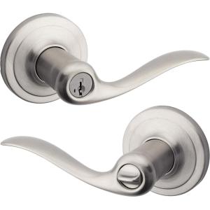 imageKwikset Tustin Entry Door Handle with Lock and Key Secure Keyed Reversible Lever Exterior For Front Entrance and Bedrooms Satin Nickel Pick Resistant Smartkey Rekey Security and MicrobanKeyed Entry