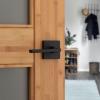 imageKwikset Halifax Vacant Occupied Bathroom Door Handle Lock Privacy Door Lever with Indicator Matte BlackMatte Black