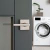 imageKwikset Halifax Vacant Occupied Bathroom Door Handle Lock Privacy Door Lever with Indicator Matte BlackSatin Nickel